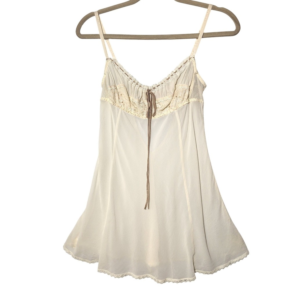 Victorias Secret Silk Babydoll Chemise Cream Lace Sequin Open Back Small Y2K